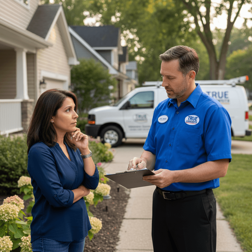 Locksmith explaining pricing to a homeowner outside a Minneapolis home