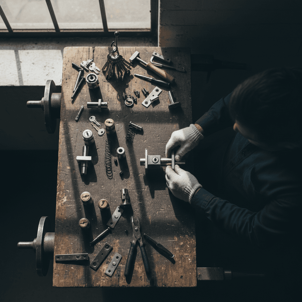 Assortment of locks and tools for residential lock change service