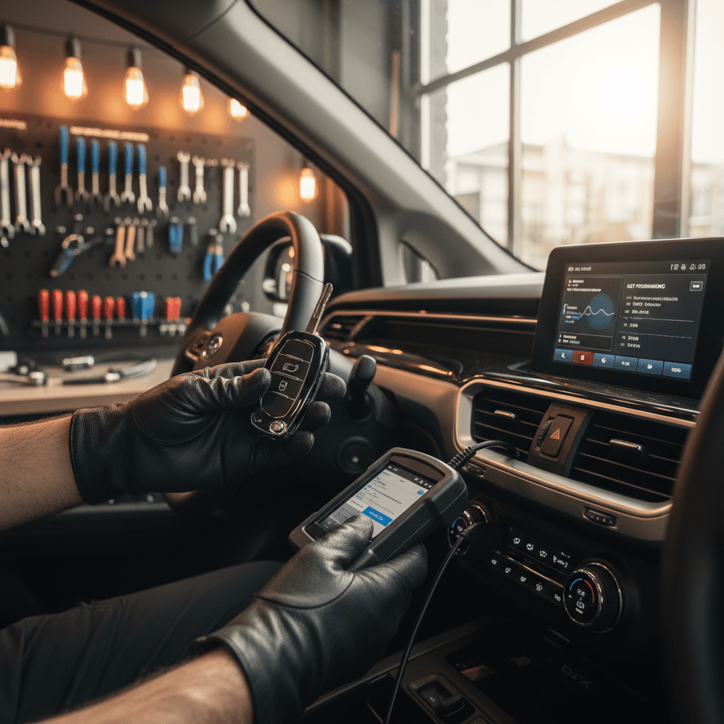 Locksmith programming a car key fob with diagnostic equipment