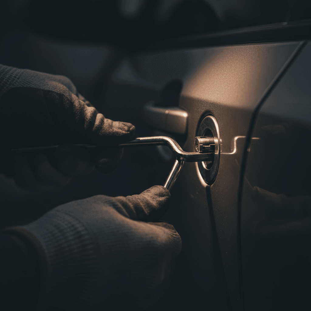 Locksmith working on car door lock with professional tools