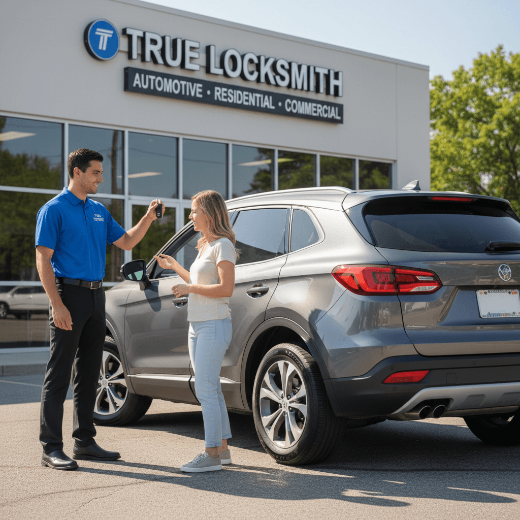Locksmith standing beside customer's vehicle after key fob programming