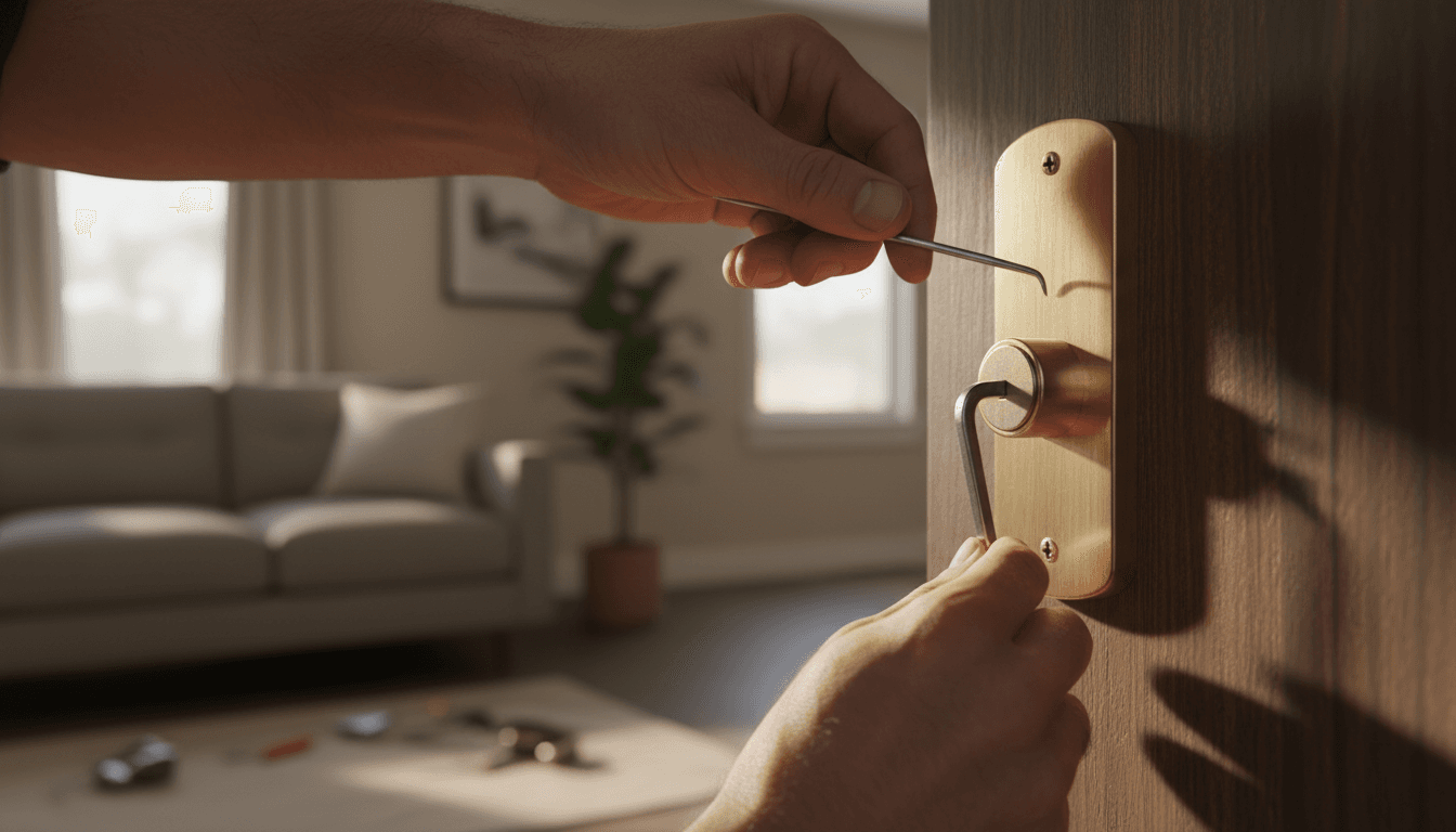 Locksmith working on residential door lock with professional tools