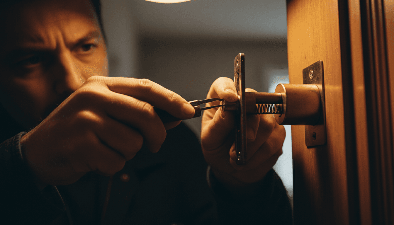 True Locksmith technician working on a residential lock mechanism in Minneapolis
