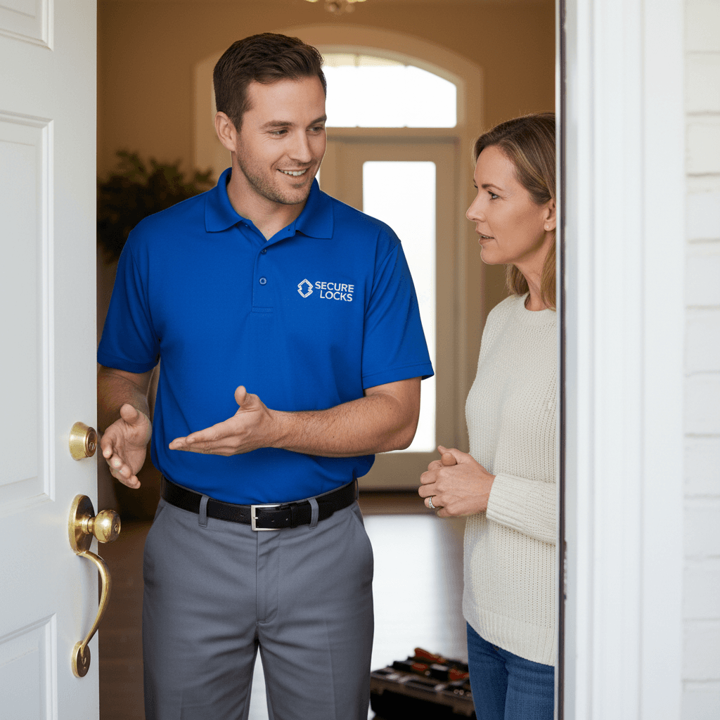 Locksmith explaining the lock change process to homeowner