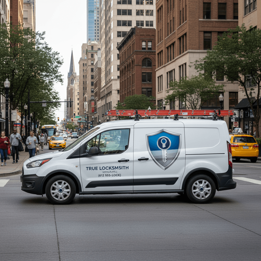 True Locksmith service vehicle on a busy Minneapolis street