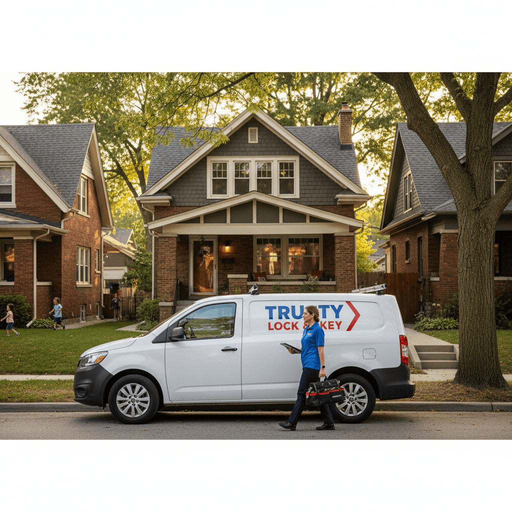 True Locksmith service vehicle in a Minneapolis neighborhood
