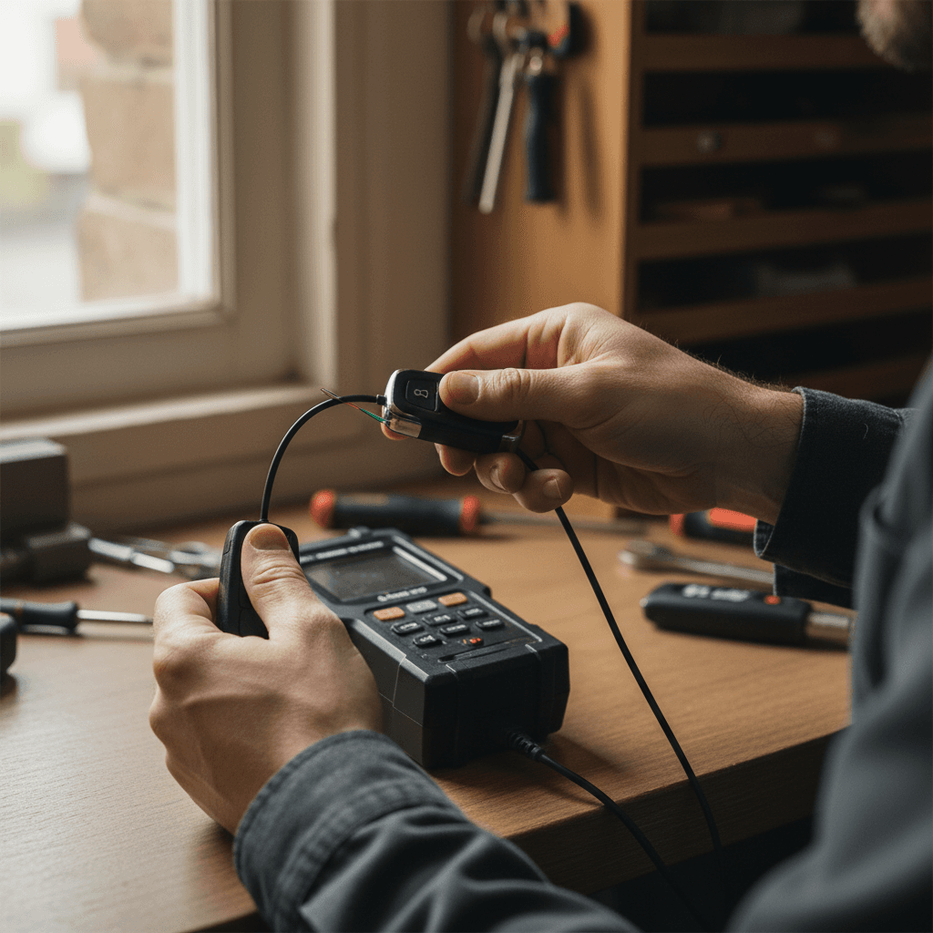 Locksmith programming a key fob with diagnostic equipment