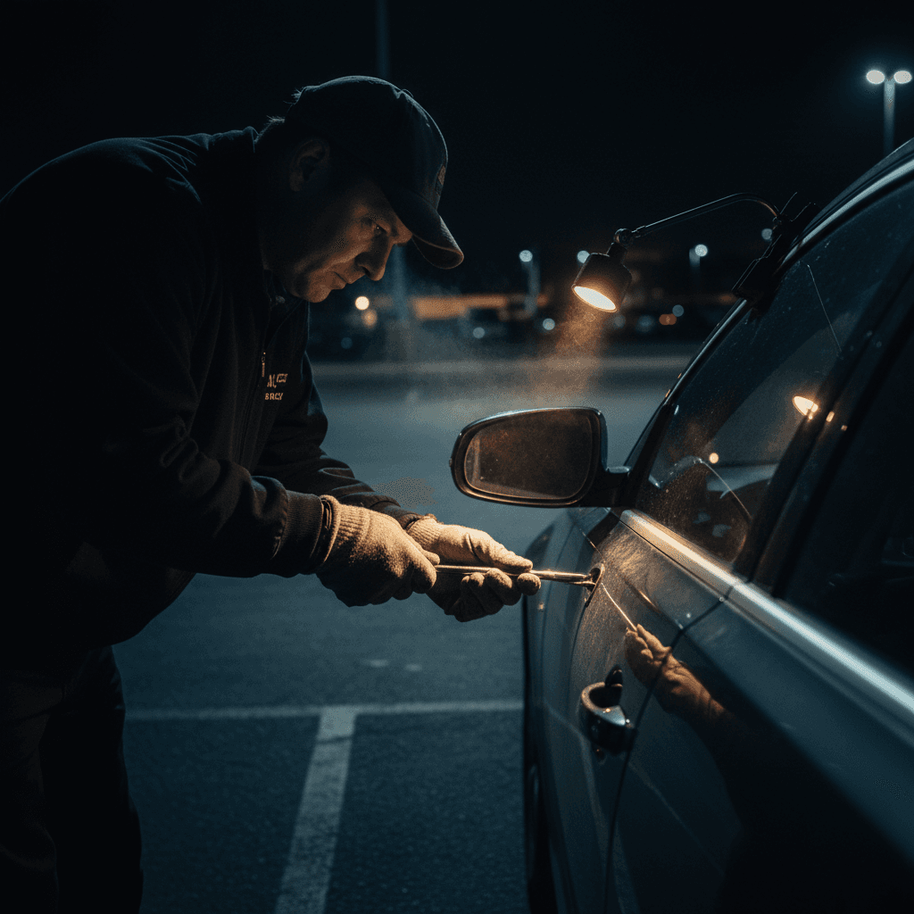 Locksmith using professional tools to open a locked car door