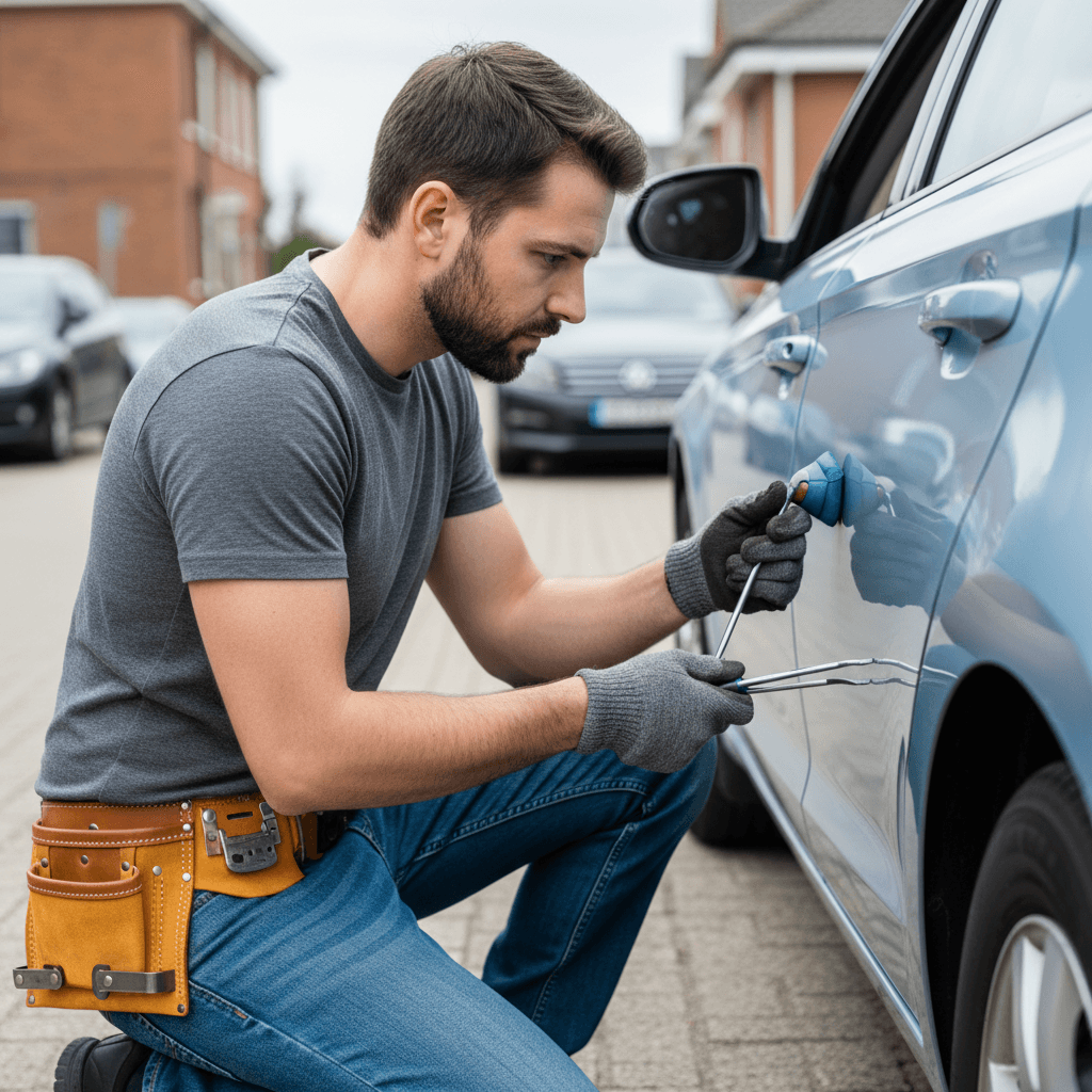 Professional locksmith performing emergency car unlock service