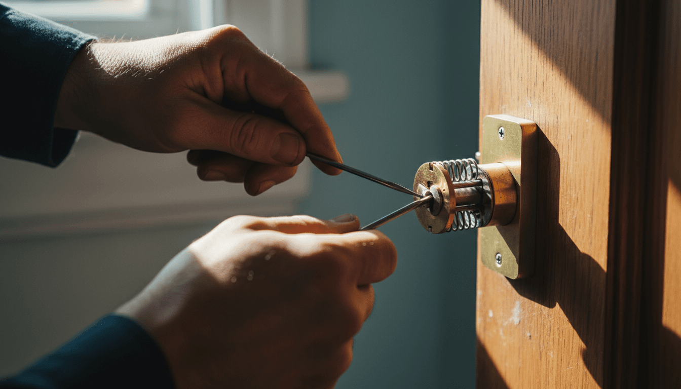 Locksmith working on a residential door lock in Maple Grove