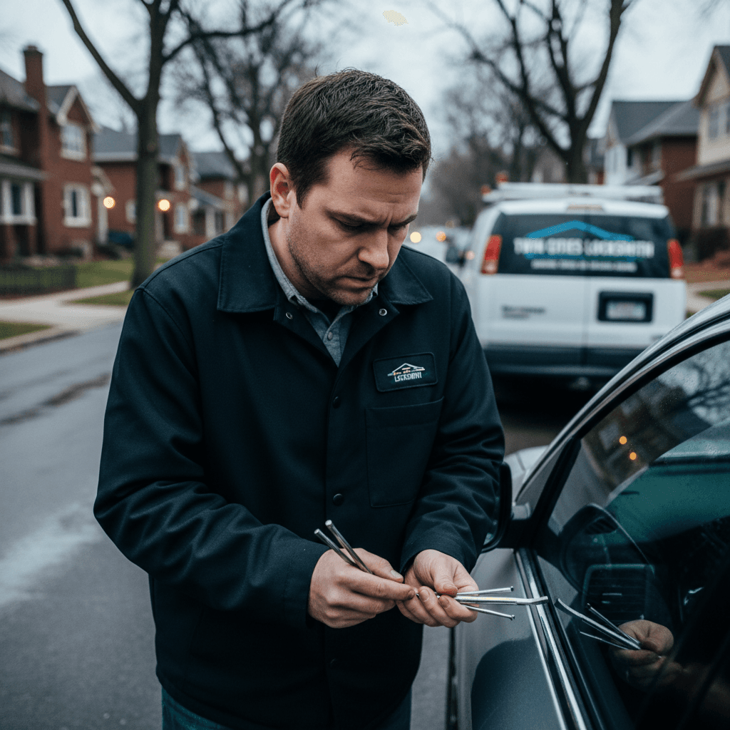 Locksmith responding to emergency car lockout with professional tools