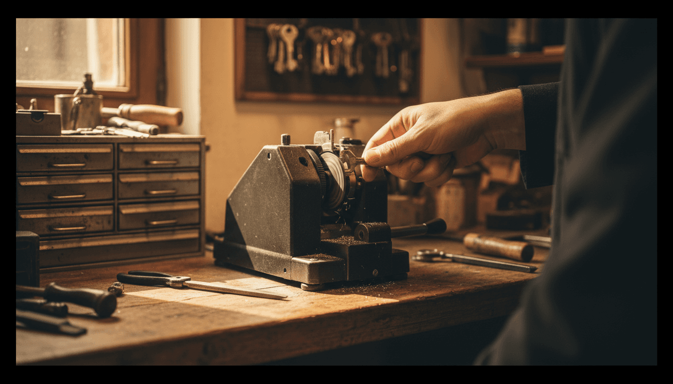 Locksmith cutting a key blank with precision in a bright workspace
