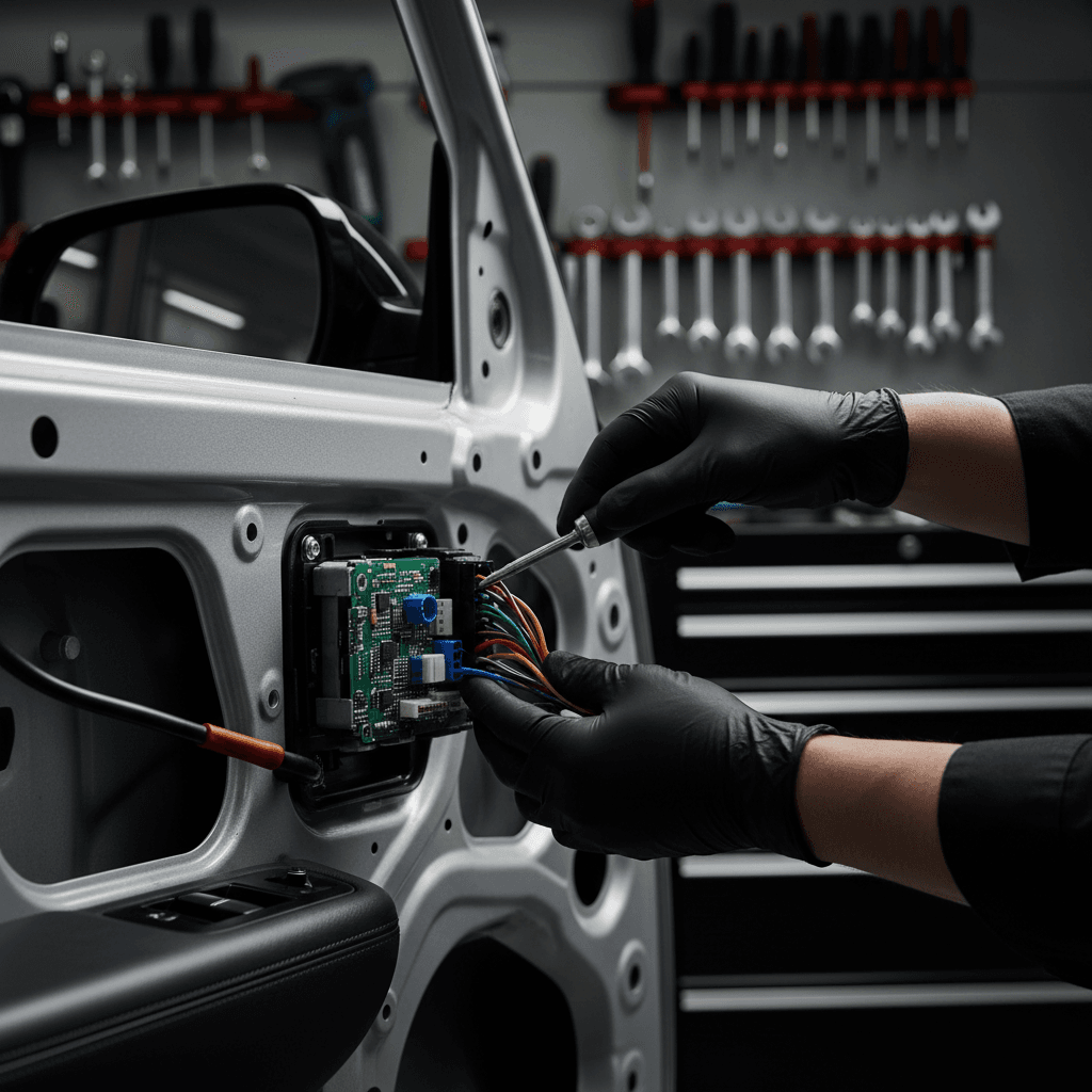 Locksmith installing keyless entry system in vehicle door