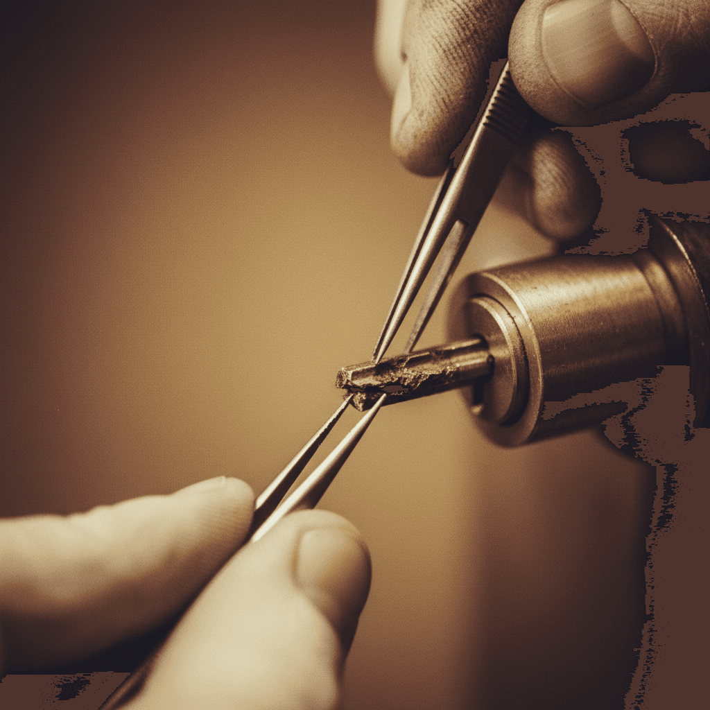 Close-up of broken key being removed from lock cylinder