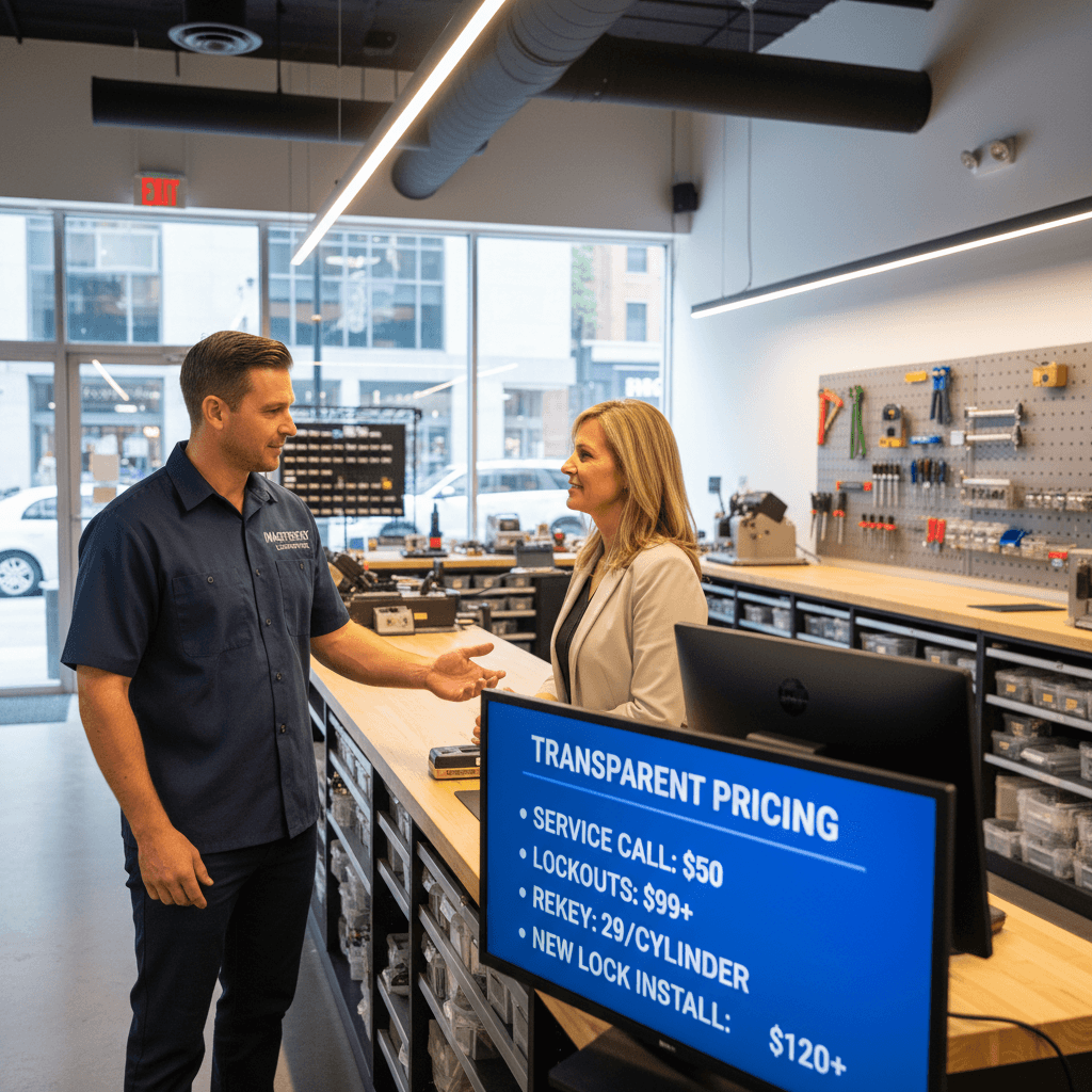Locksmith explaining service pricing details to a customer in a professional setting