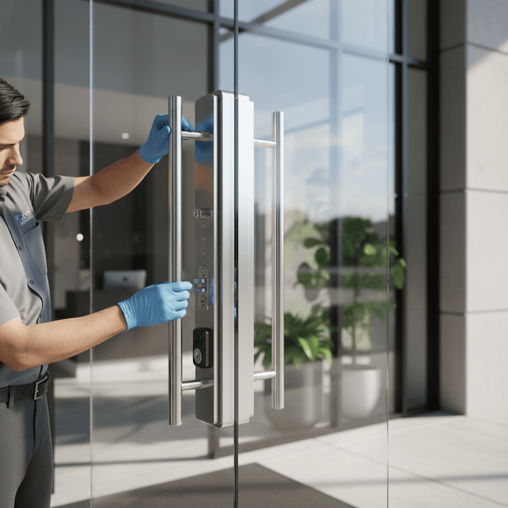 Locksmith installing security hardware on commercial building entrance