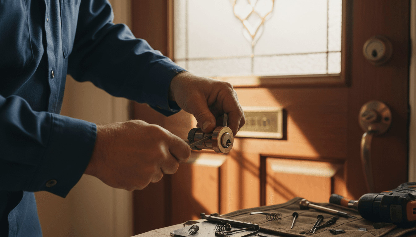 Locksmith working on a residential door lock in Richfield