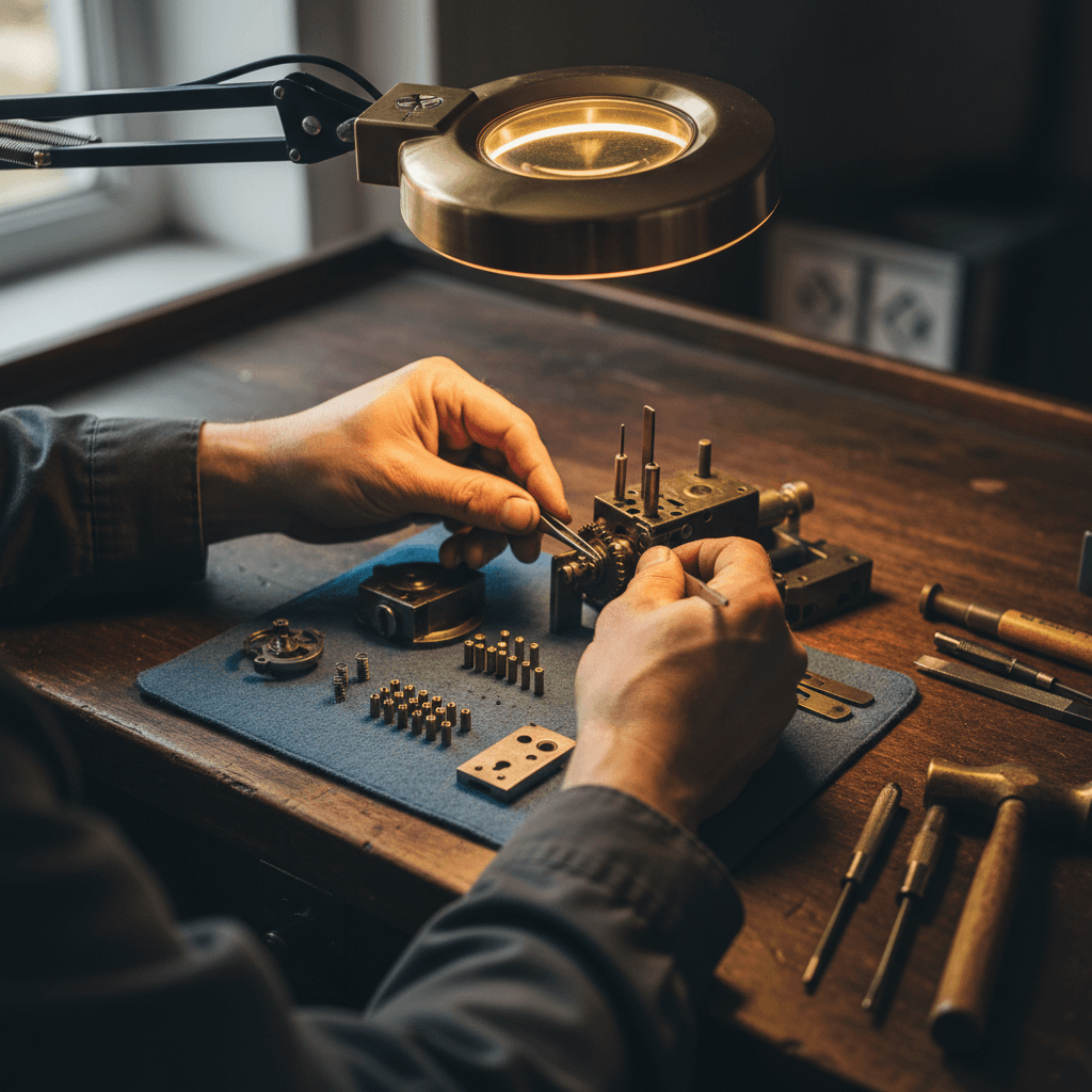 Locksmith repairing internal lock mechanism with precision tools