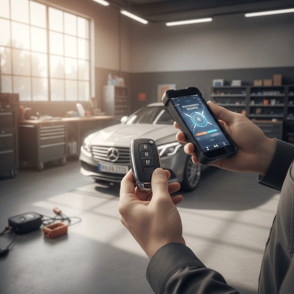 Technician programming a car key fob with diagnostic scanner