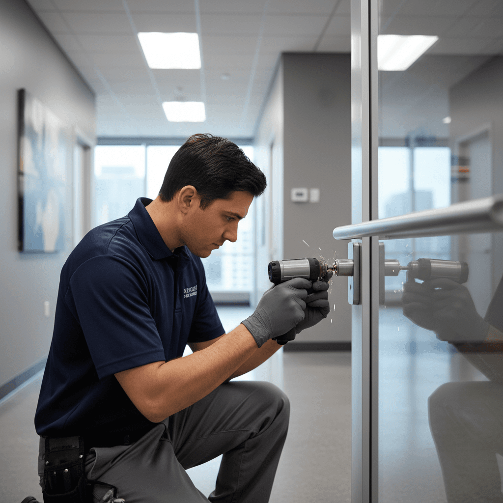 Locksmith installing commercial grade lock on office building door