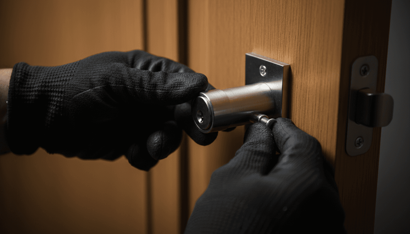 A locksmith installing a new deadbolt into a residential door with precision and care
