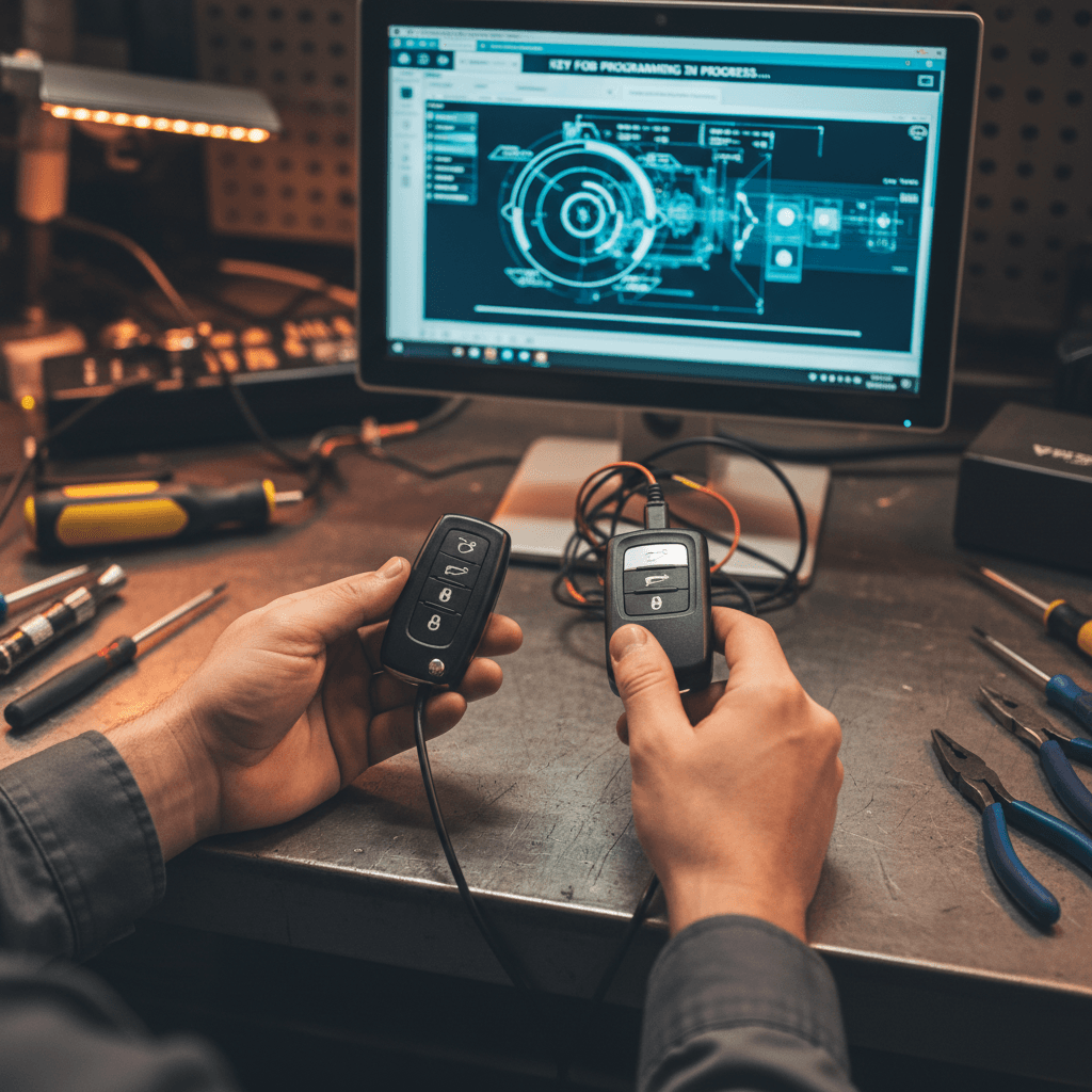 Locksmith programming a car key fob with professional diagnostic equipment