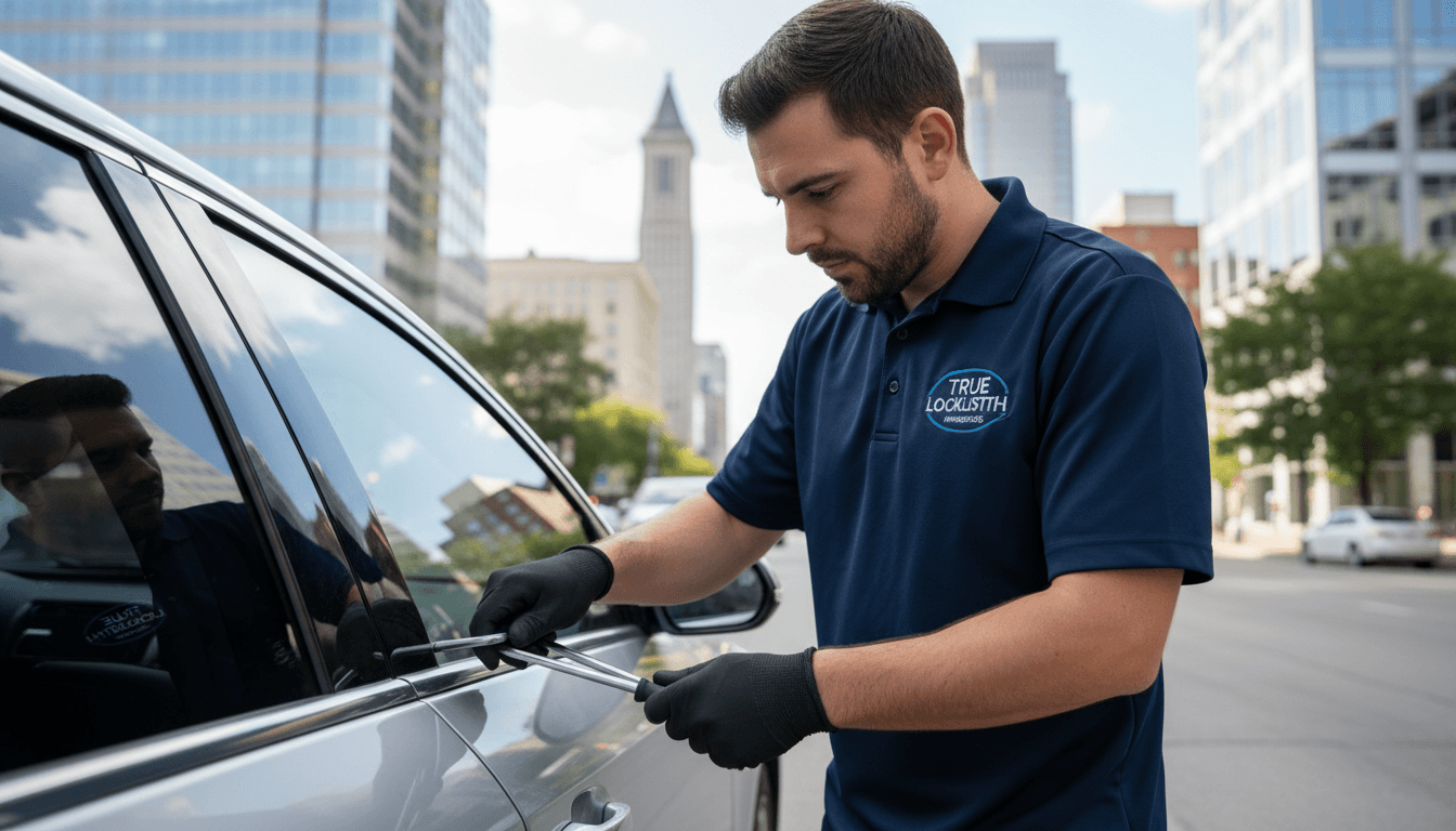 Locksmith technician working on a car door in Minneapolis, showcasing professional expertise.
