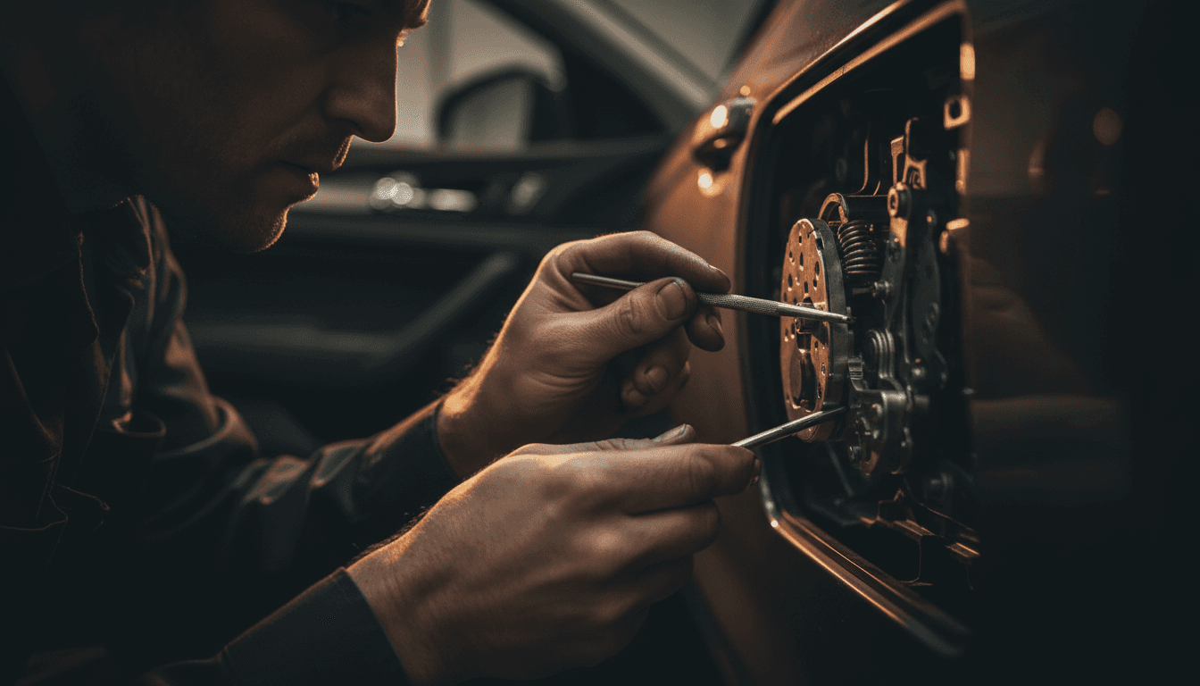 Professional locksmith working on a car door lock with precision tools