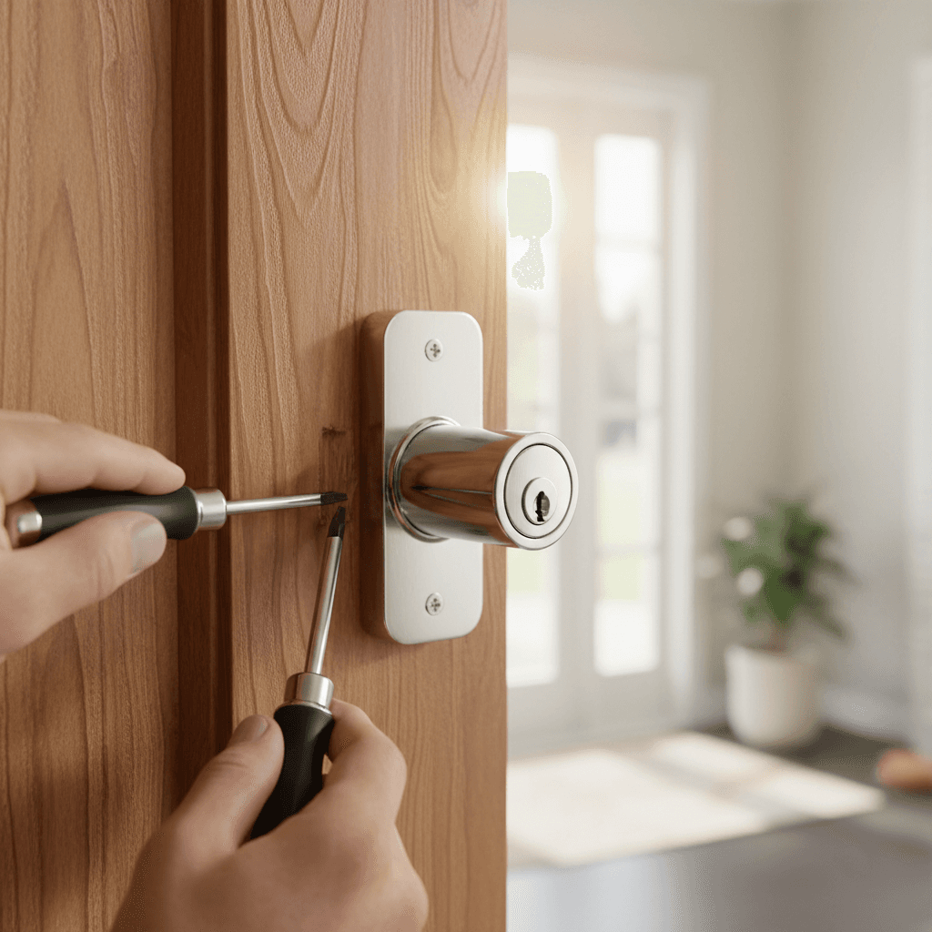 Locksmith installing a new residential deadbolt lock