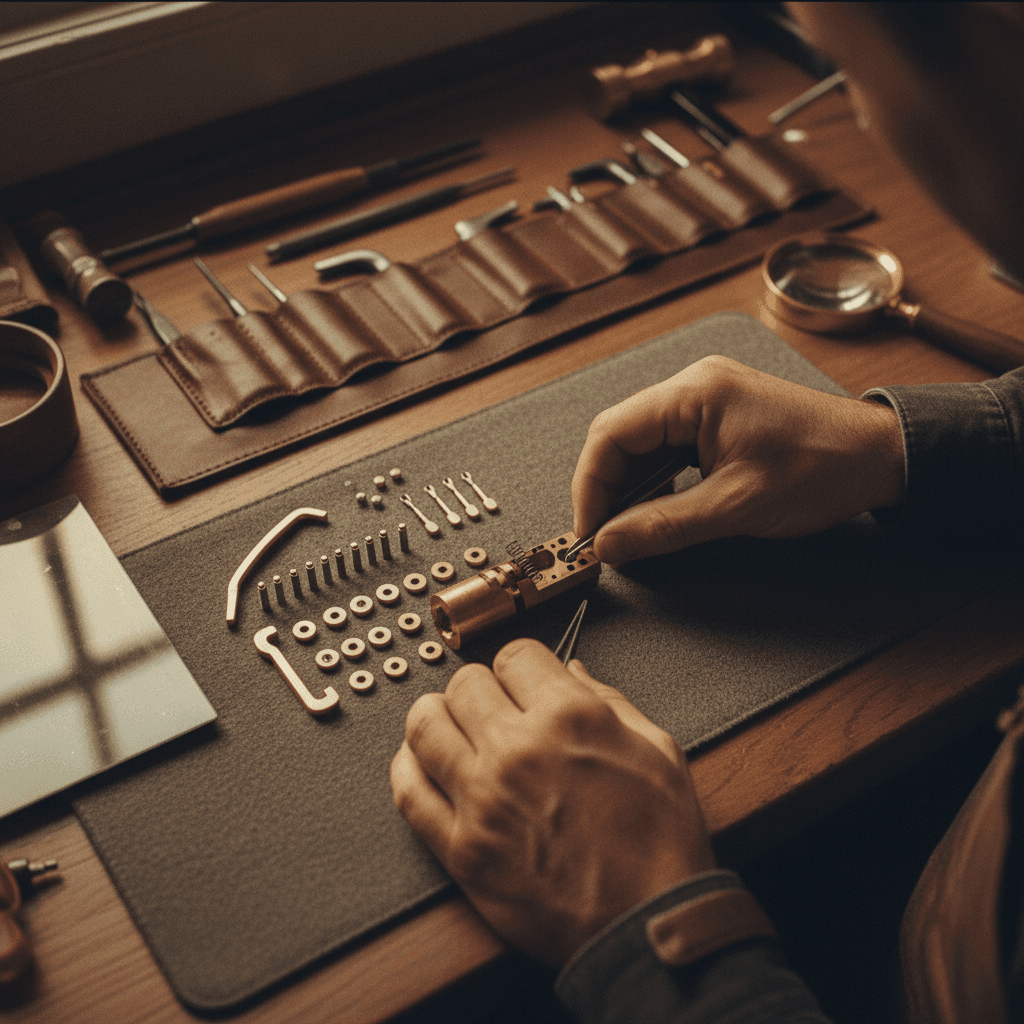 Locksmith repairing lock cylinders and components on workbench