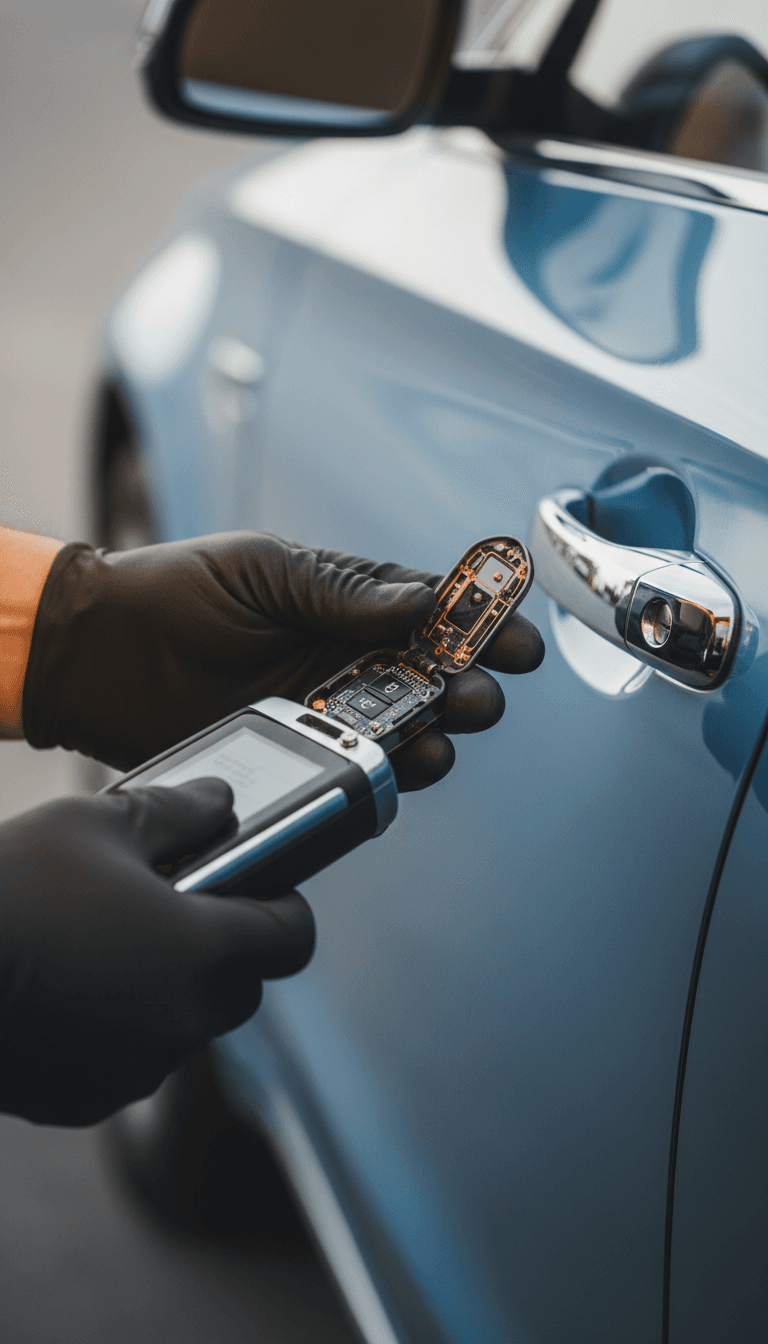 Locksmith programming a car key fob with precision and expertise