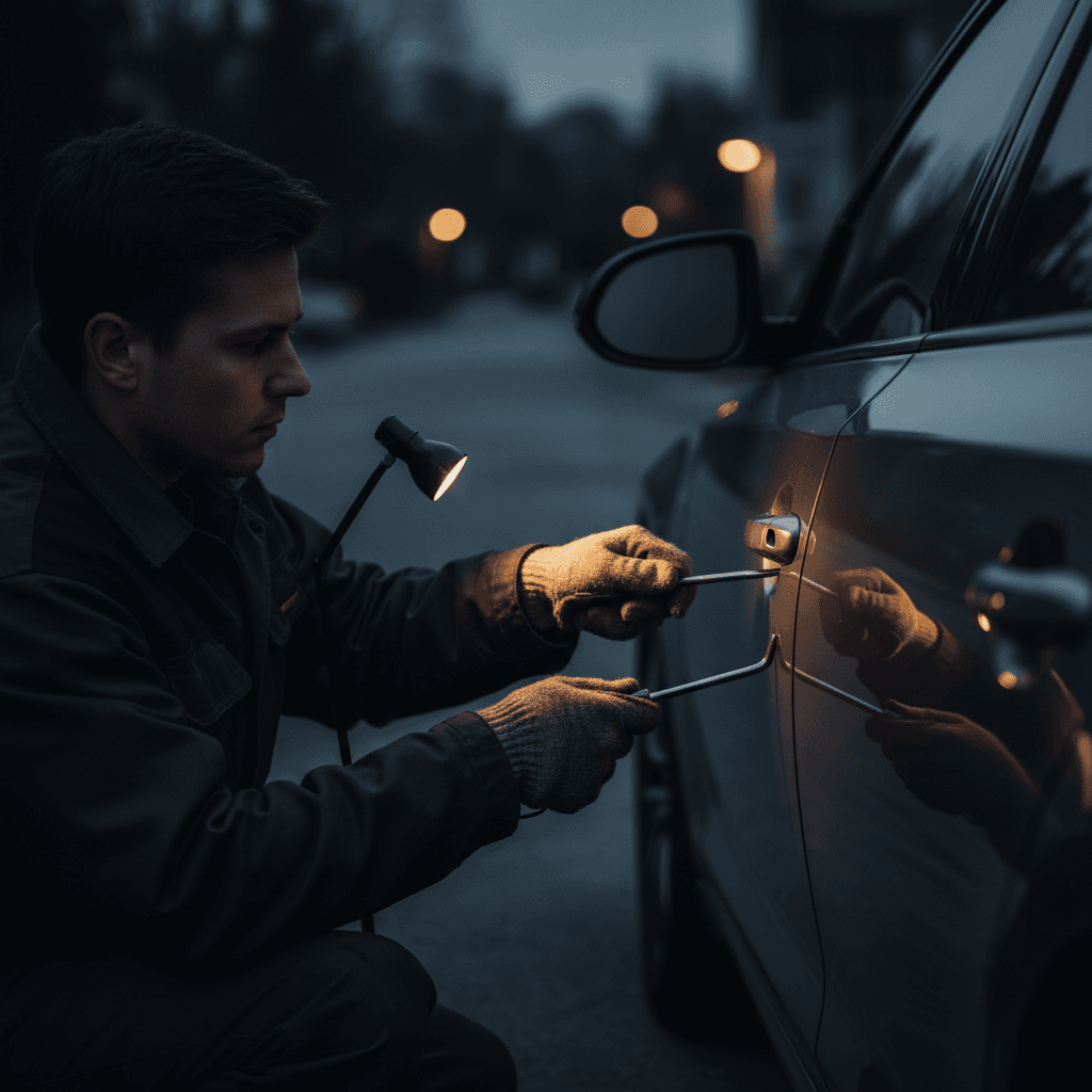 Emergency lockout service - locksmith opening a locked car door