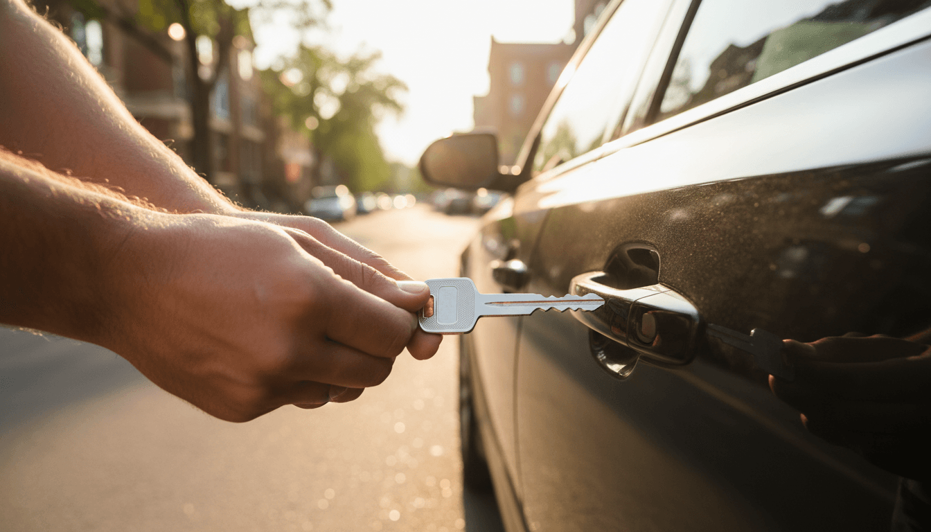 Locksmith holding a freshly cut car key at a car door in Minneapolis