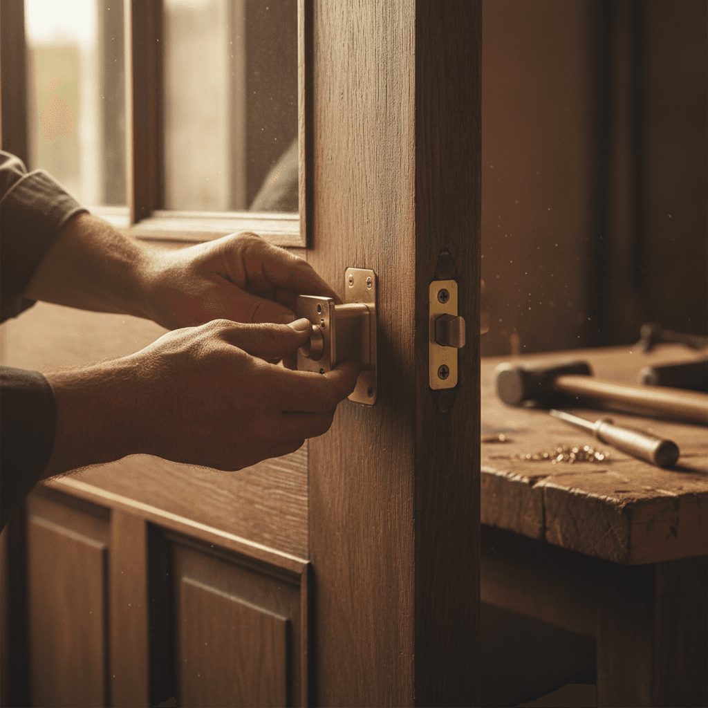Locksmith installing a new residential door lock