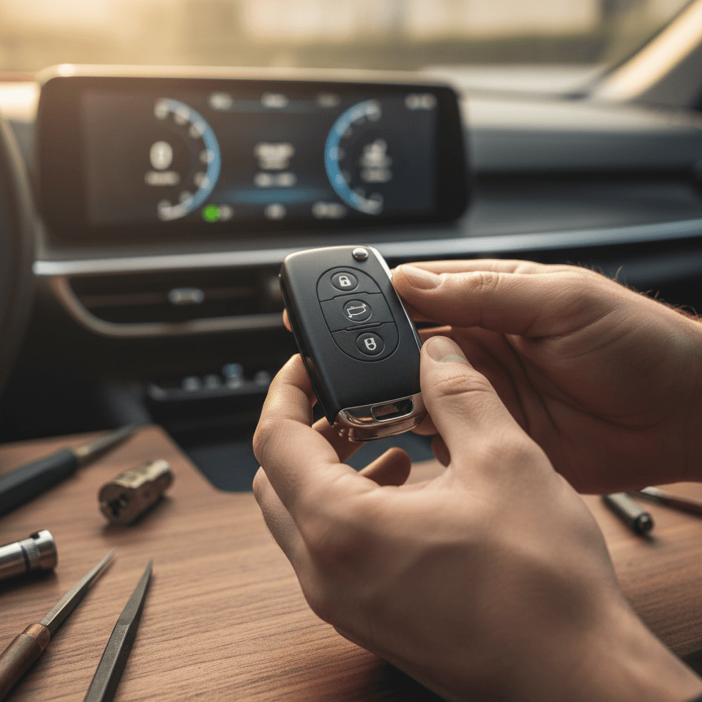 Key fob programming - locksmith testing a remote car key fob