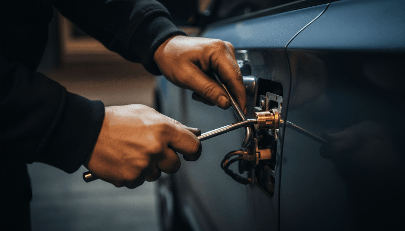 Locksmith technician working on car door lock with precision tools