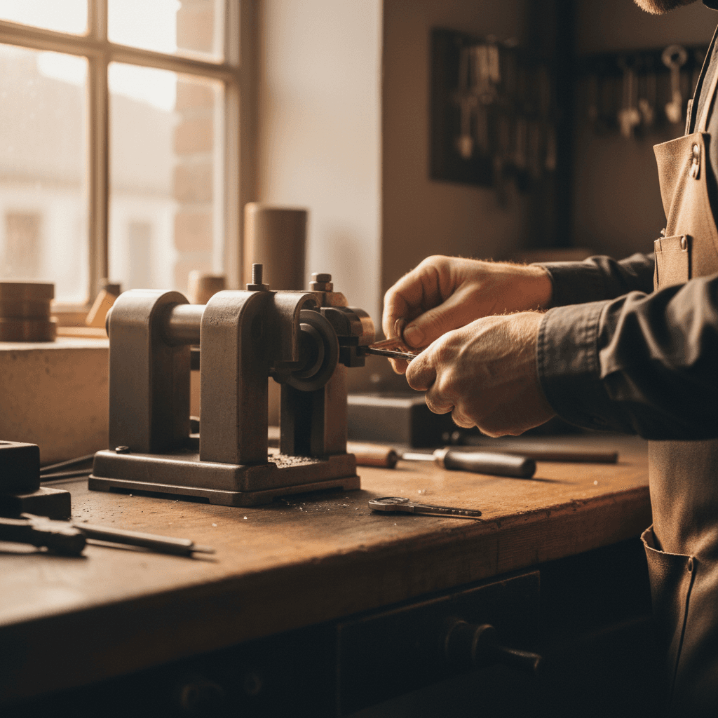 Locksmith duplicating a car key on precision machinery