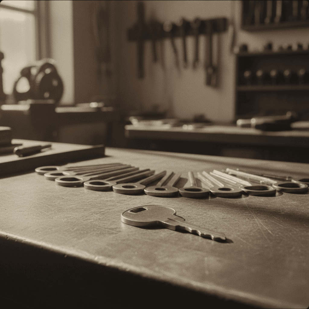 Multiple car keys arranged on a locksmith workbench