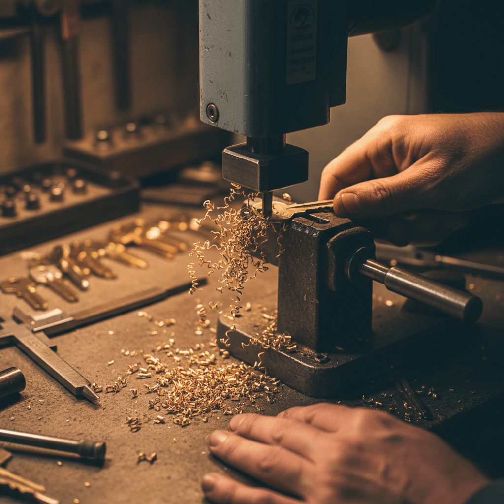 Locksmith cutting a car key on precision equipment
