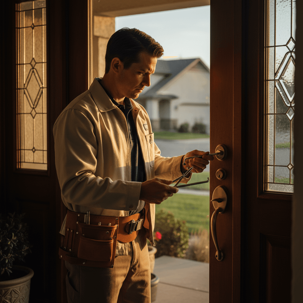 Locksmith at residential front door during emergency lockout service