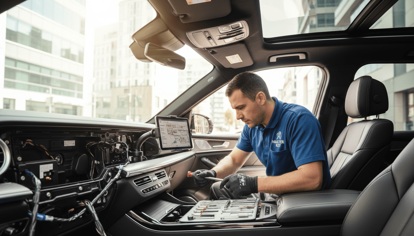 Locksmith working with tools in a modern vehicle with natural light.