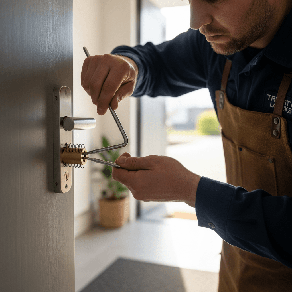 Professional locksmith working on lock installation and key replacement