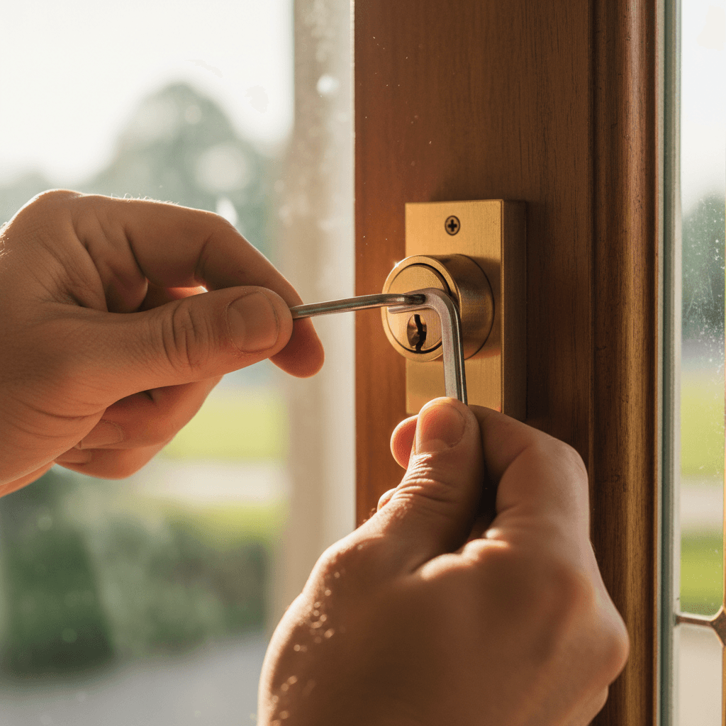 Close-up of locksmith hands working on a residential door lock