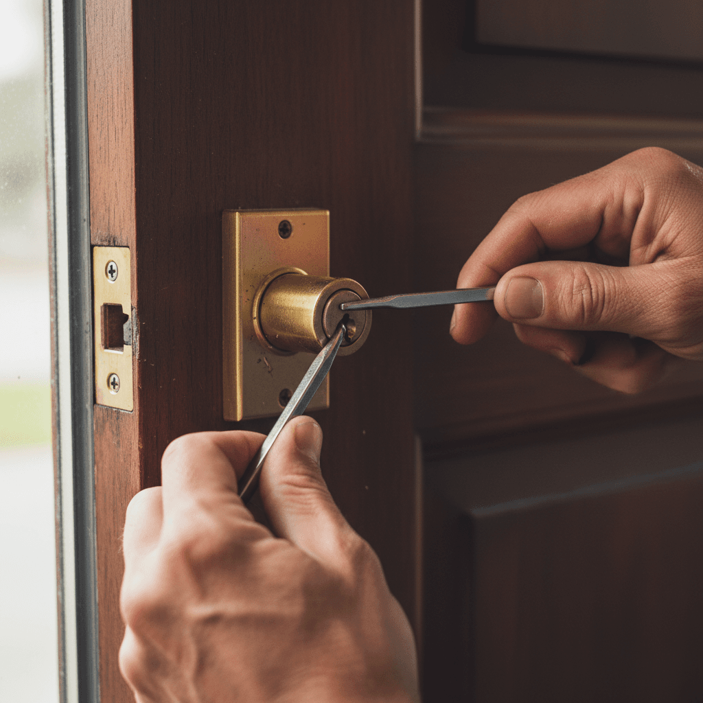 Locksmith working on a residential door lock with precision tools
