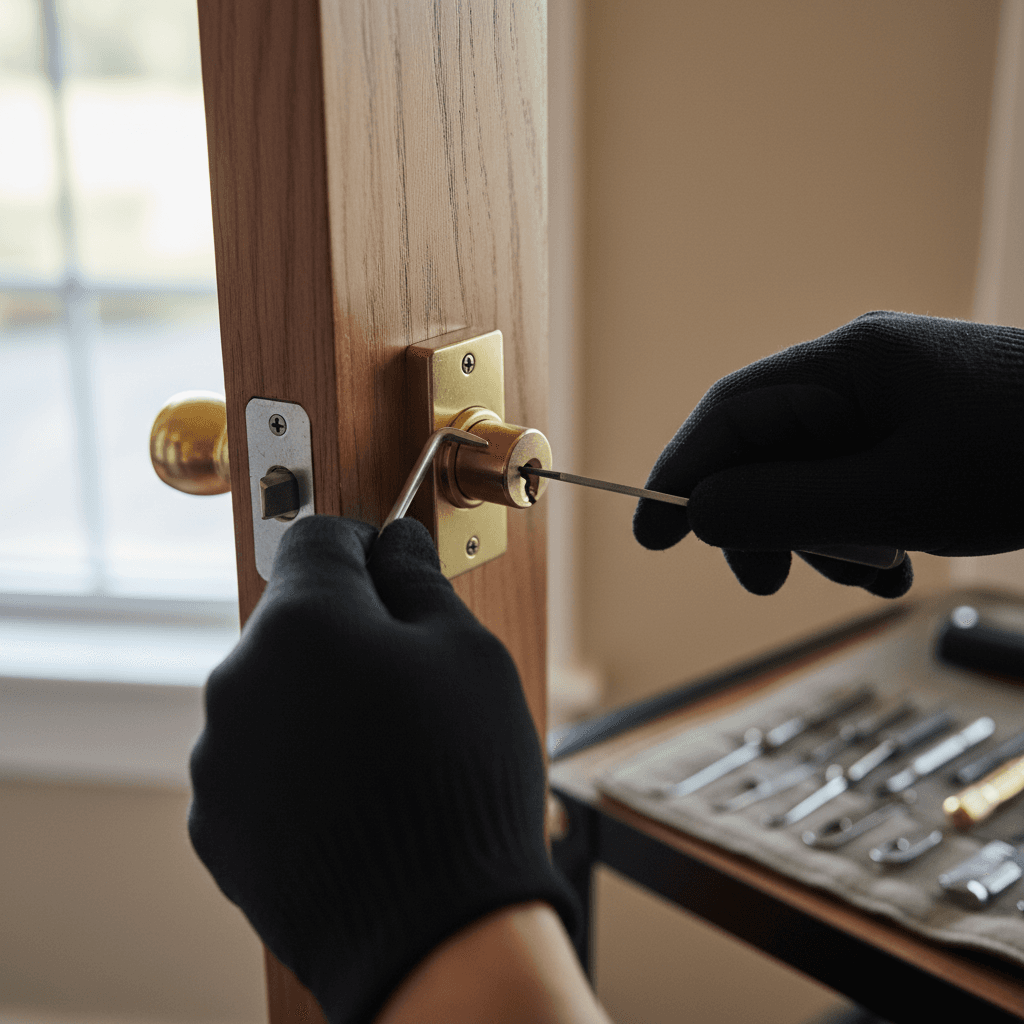Locksmith hands working on a residential door lock