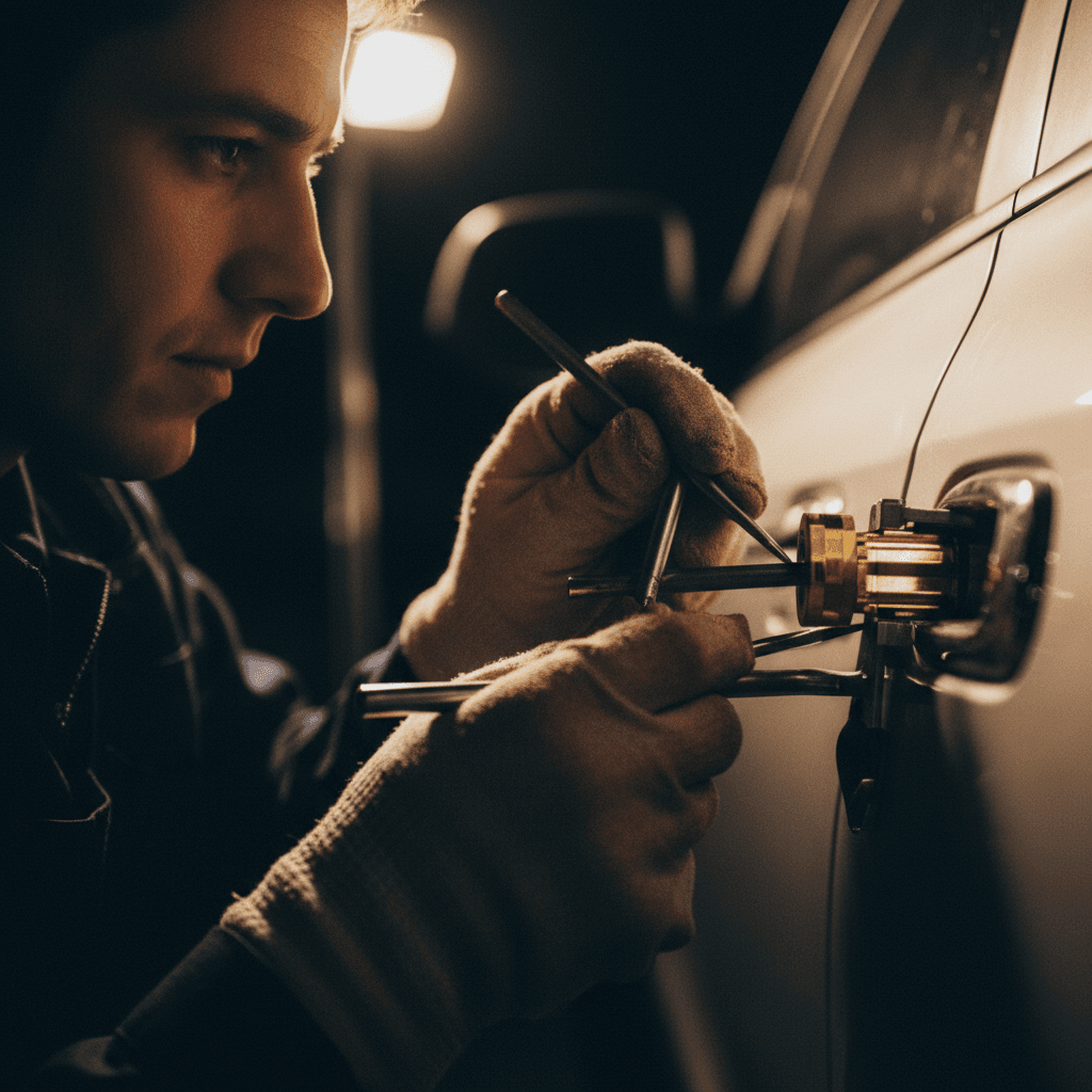 Locksmith working on car door lock